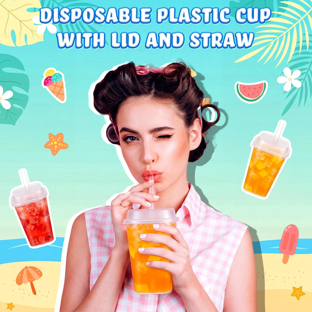 30 Pack 22 oz Clear Plastic Cups with Lids & Straws N92537
