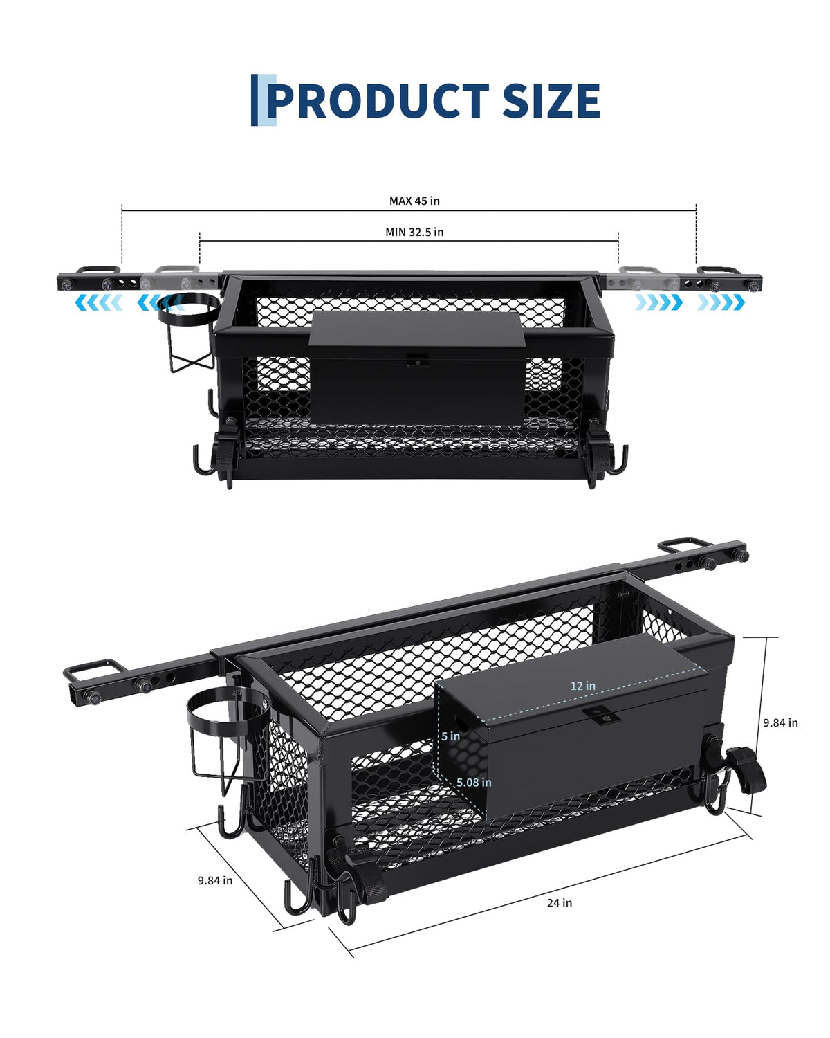 Heavy Duty Tractor Tool Box, 24x10x10 Inch Lockable Basket Attachment with Hooks and Ratchet Strap L269