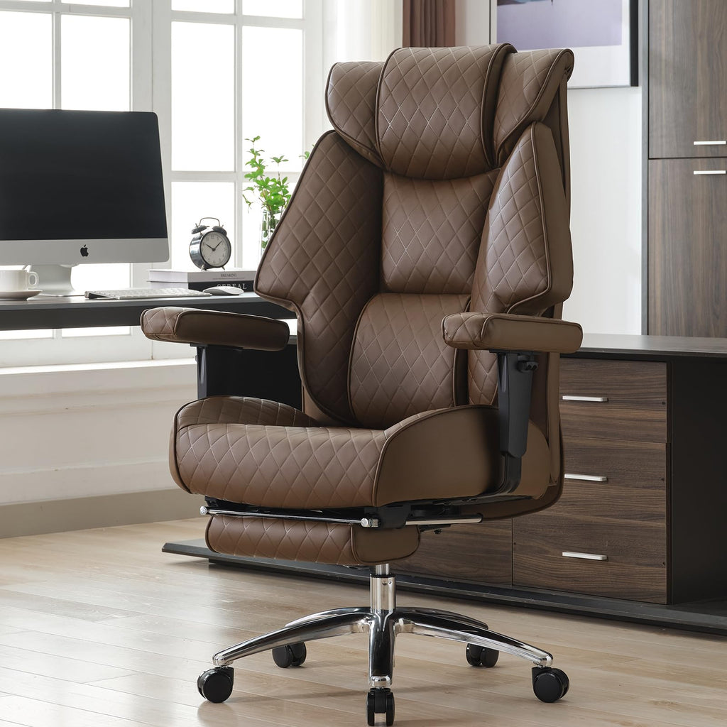 Big and Tall Office Chair with Footrest, PU Leather High Back Executive Chair 400lbs, Ergonomic Computer Chair Lumbar Support (Brown) U73488