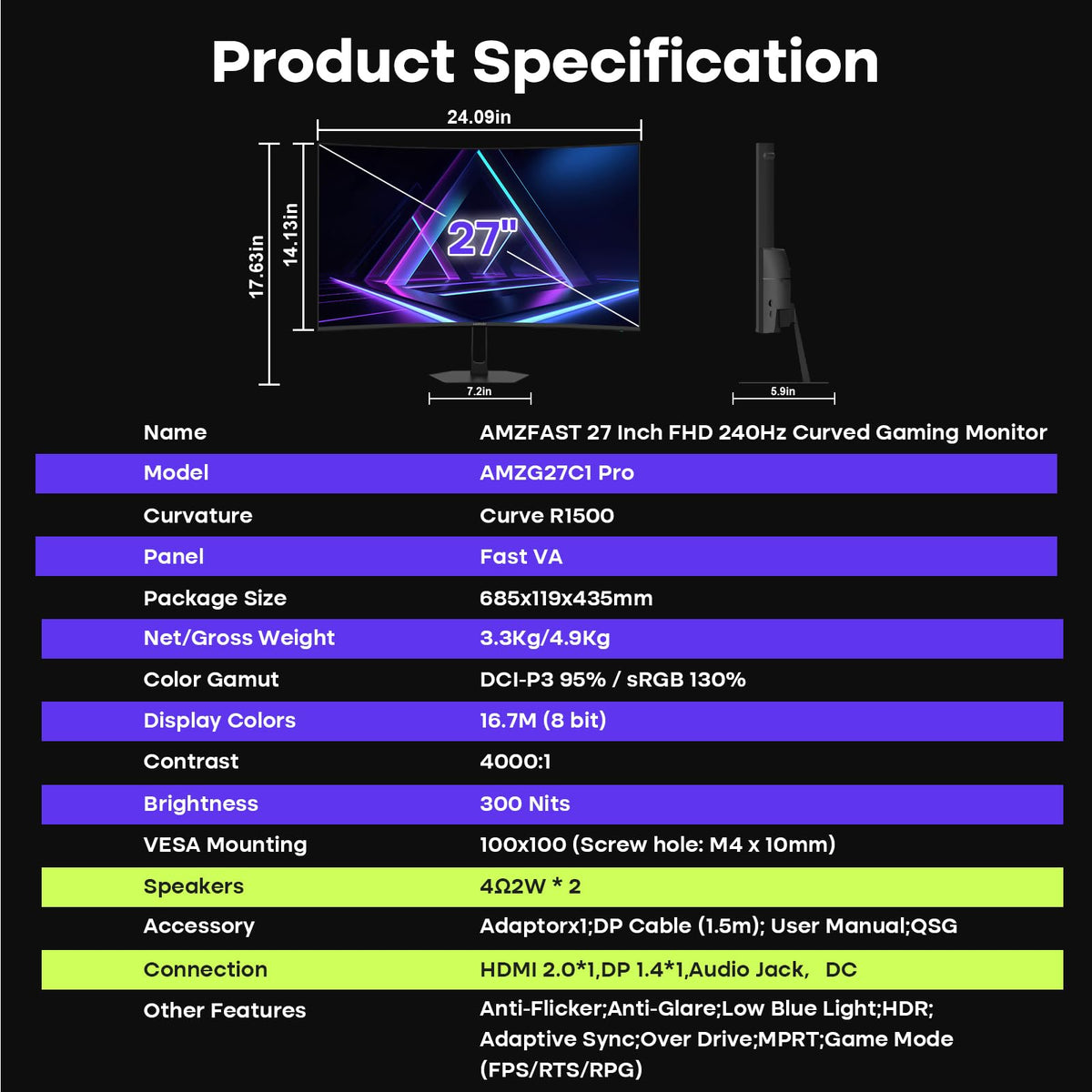 27 inch 240Hz Curved FHD 1080p Gaming Monitor J162