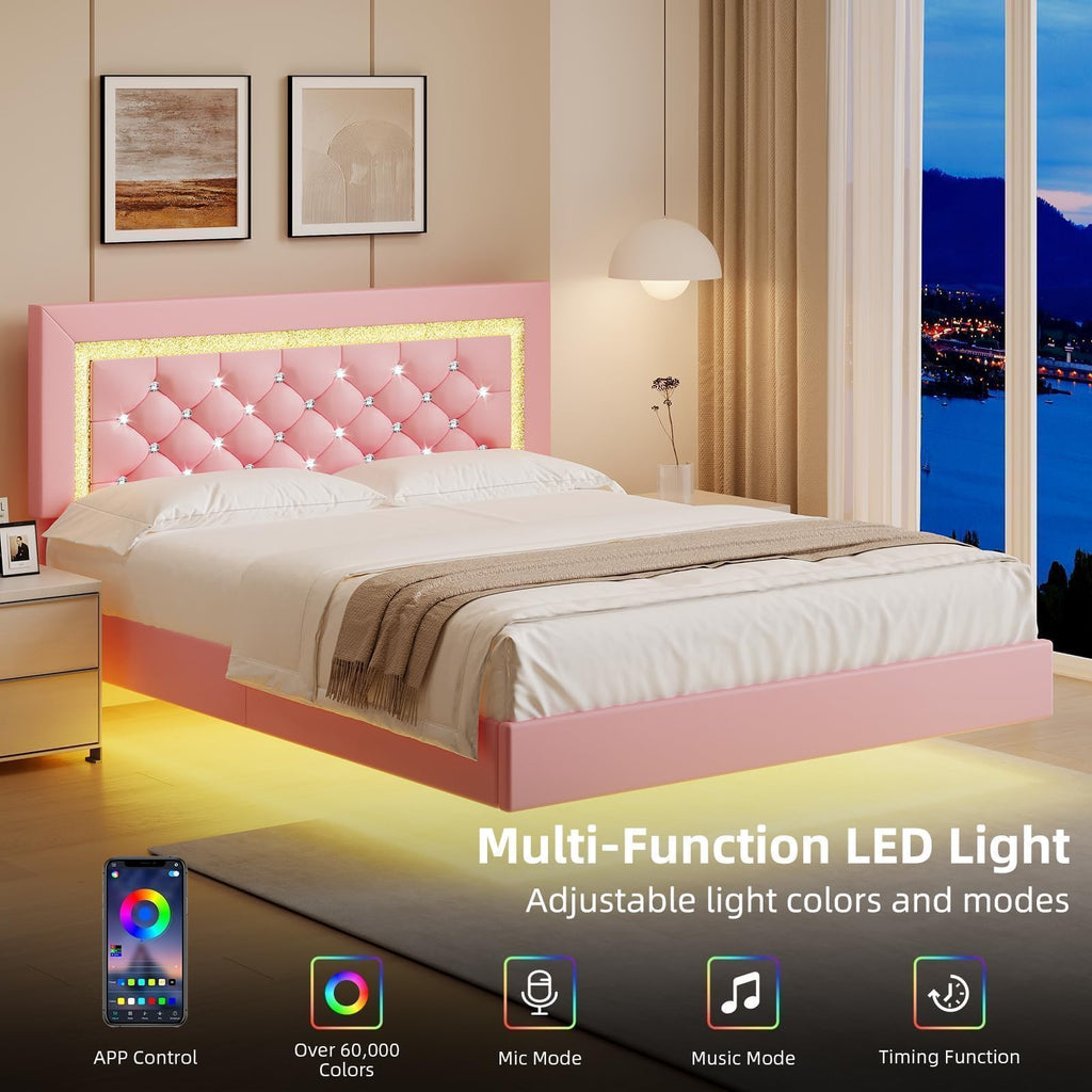 Pink Full Floating Bed Frame with LED Lights and Diamond Headboard I12415