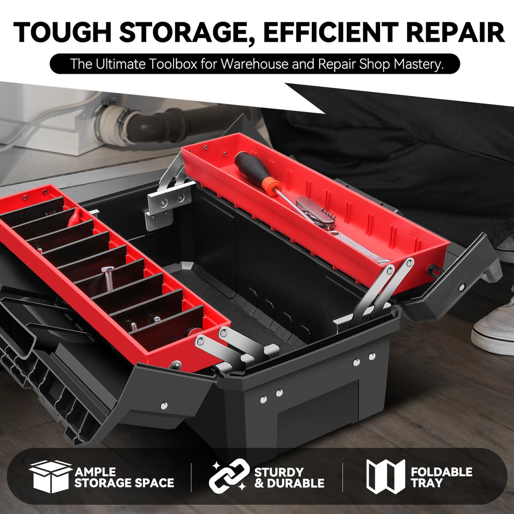 Foldable 2-layer Tool Box with Non-Slip Handle Tray Storage, Red I897