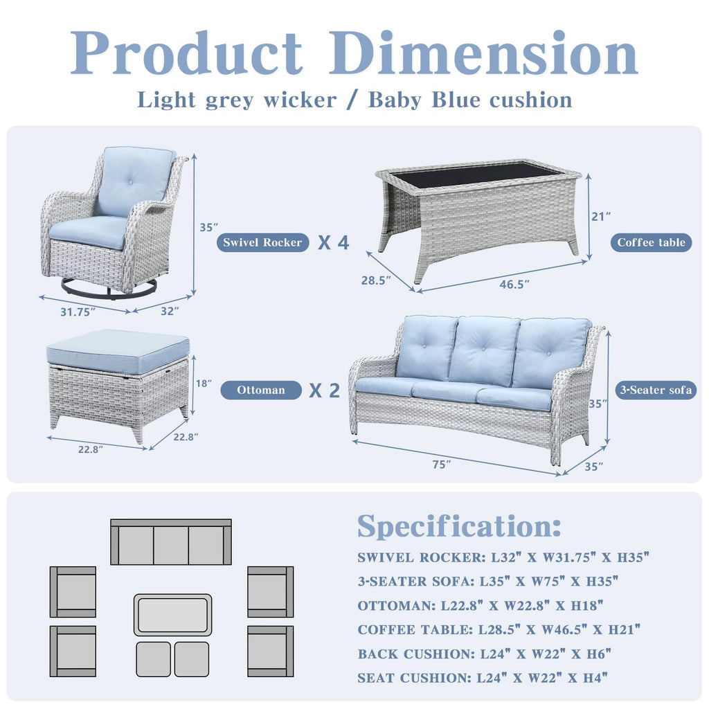 8 Piece Wicker Patio Furniture Conversation Set with Swivel Rocker Chairs, Sofa, Ottomans and Coffee Table T955
