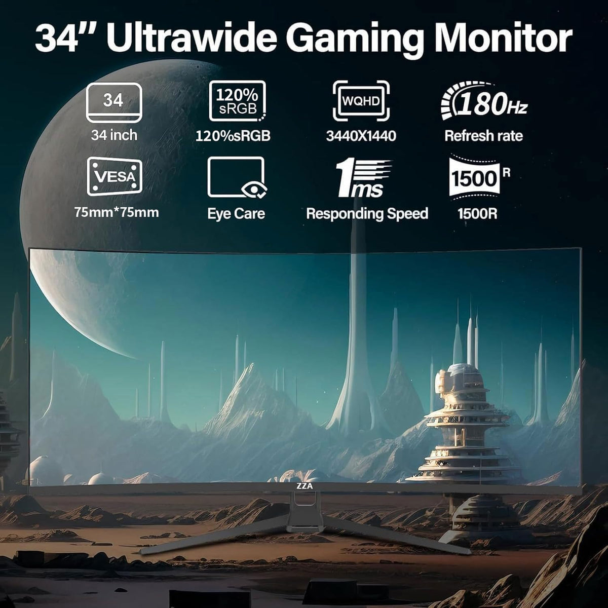 34 Inch Curved Ultrawide Monitor WQHD 165Hz 1ms HDR10 FreeSync G-Sync VESA Mount Compatible Y35029