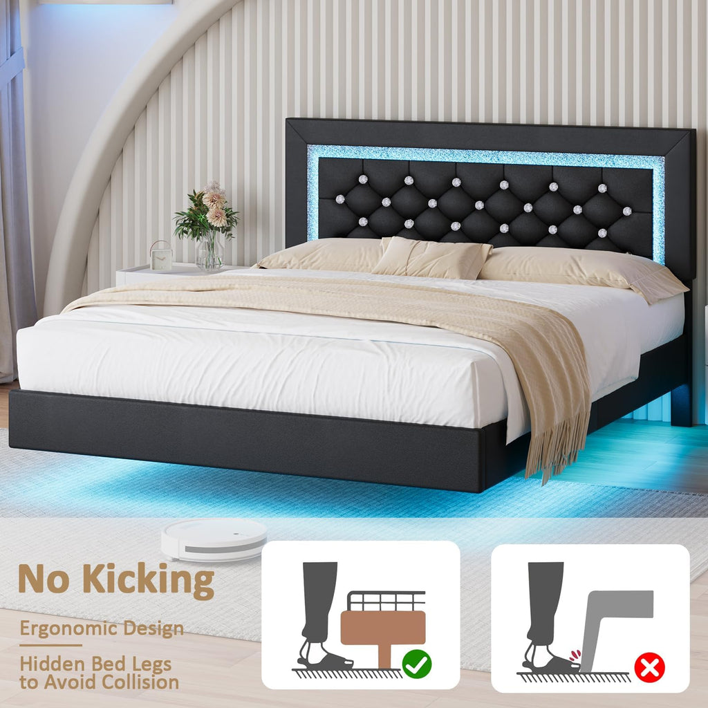 Black Full Floating Bed Frame with LED Lights and Tufted Headboard U23458