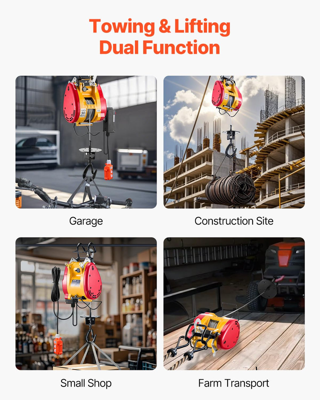 1100 lbs 1800W Portable Electric Hoist Winch with Wireless Remote Control F663665