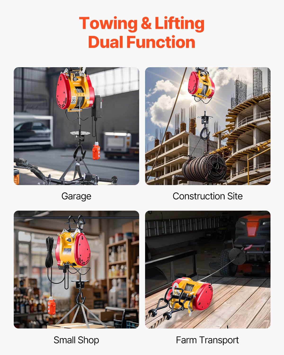 1100 lbs 1800W Portable Electric Hoist Winch with Wireless Remote Control F663665