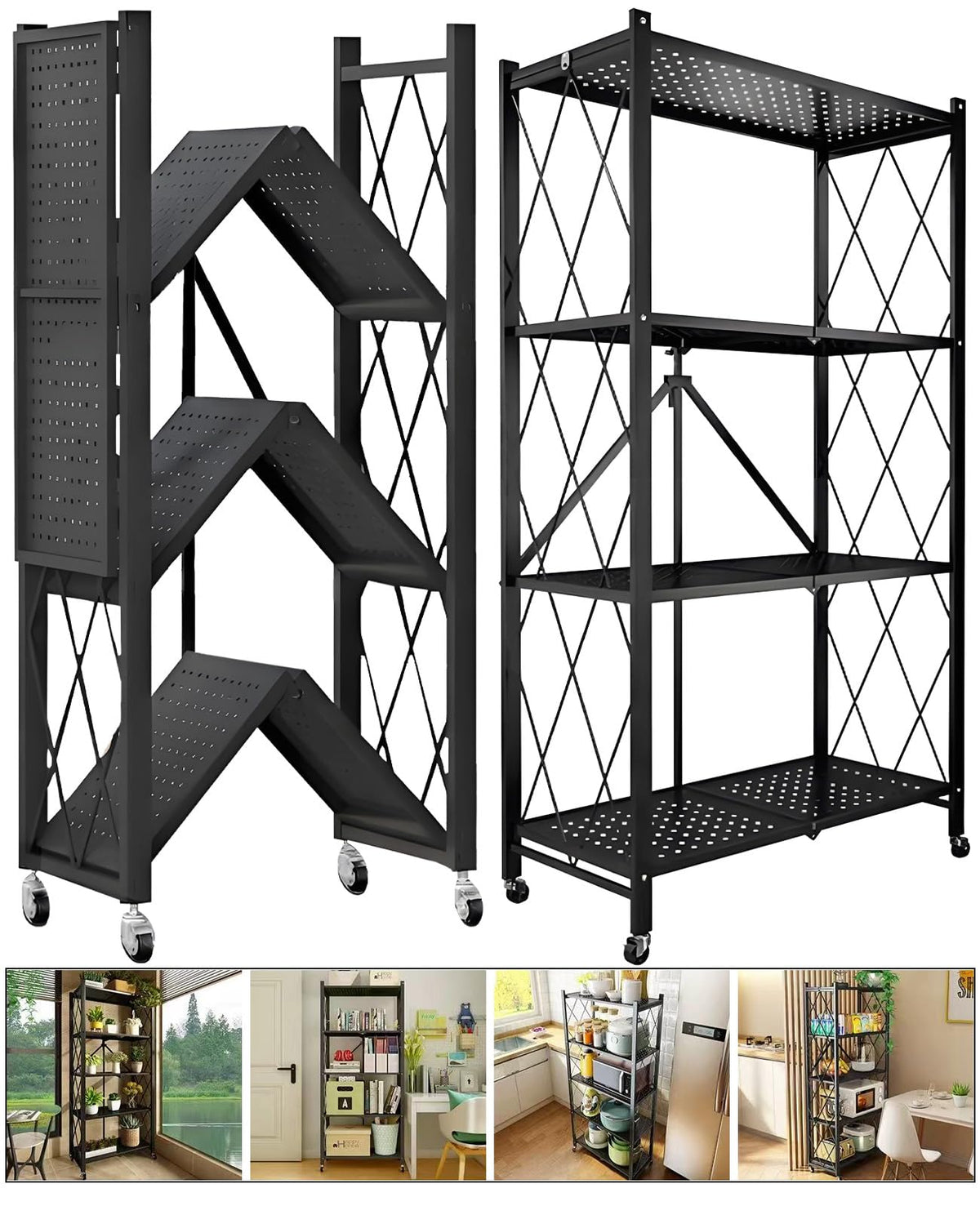 Metal Shelves, 4-Tier Foldable Shelving Unit with Wheels A65975