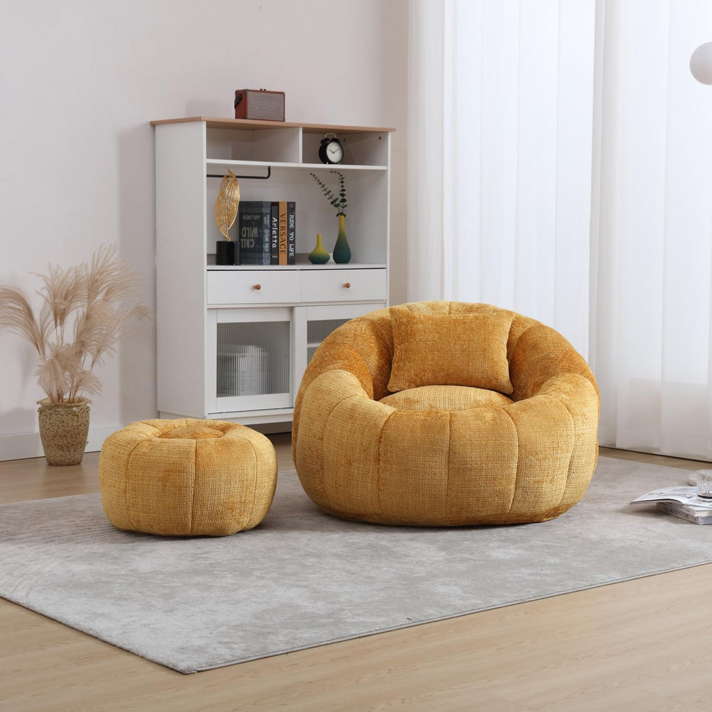 Yellow Chenille Bean Bag Chair with Ottoman and Pillow H34155