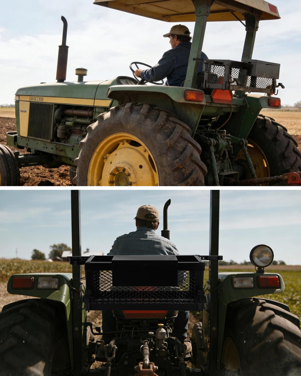 Heavy Duty Tractor Tool Box, 24x10x10 Inch Lockable Basket Attachment with Hooks and Ratchet Strap L269