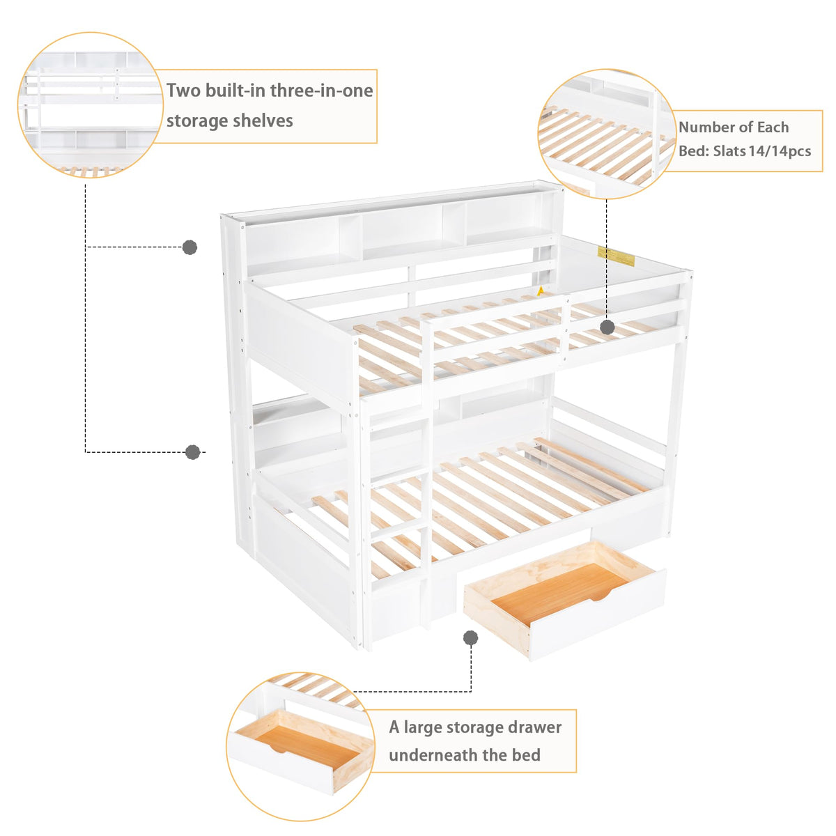 Twin Over Twin Wooden Bunk Bed with Shelves and Storage Drawer Q6340