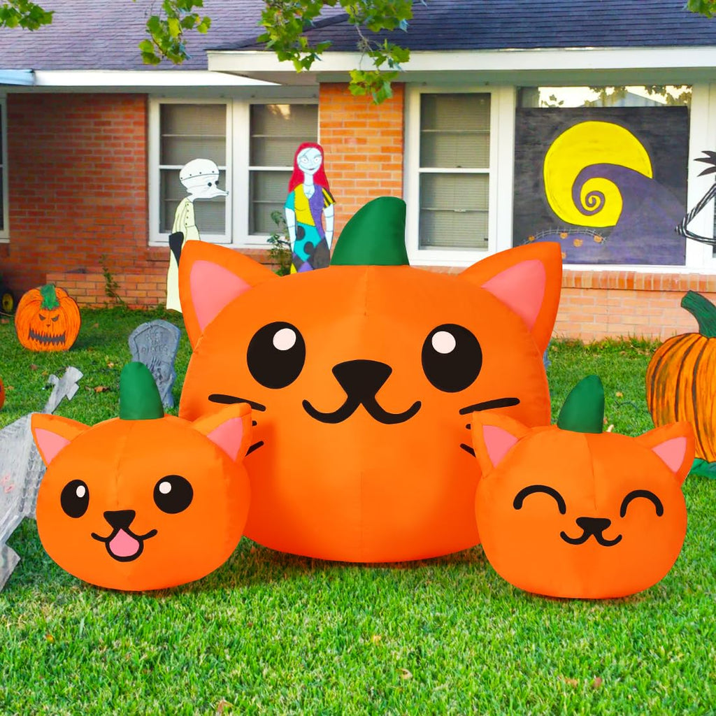 5FT Inflatable Three Pumpkin Cat Head with Built-in LEDs I409133