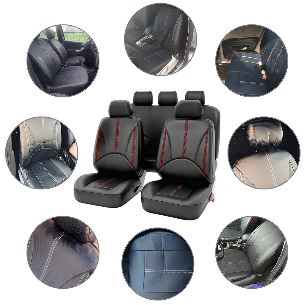 Black Red Leather Car Seat Cover Full Set E641