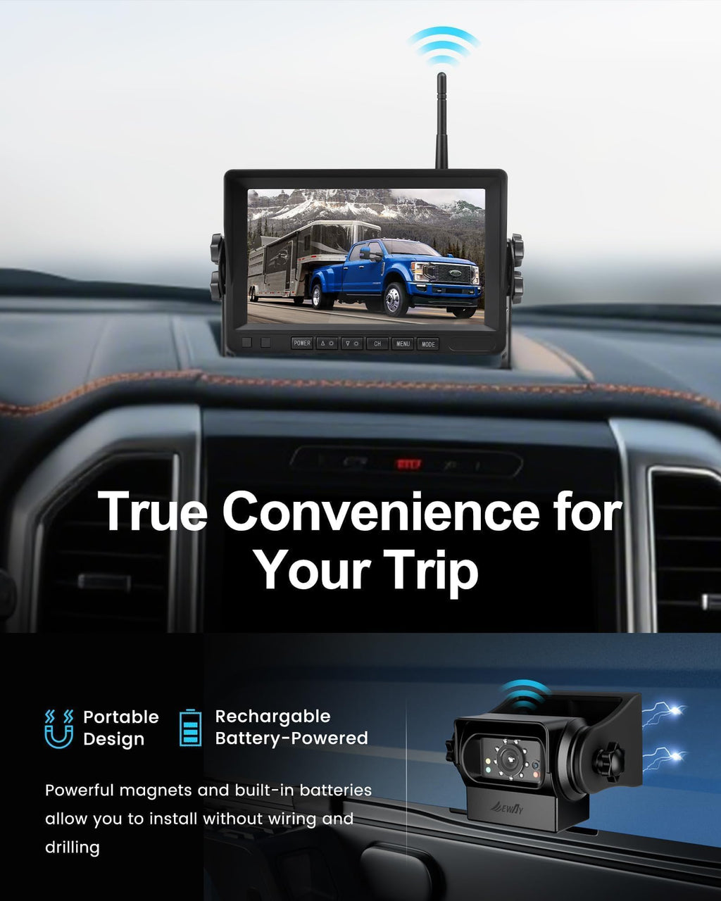 Wireless WiFi Magnetic Backup Camera 7" IPS Monitor HD 1080P Rechargeable Battery K874592