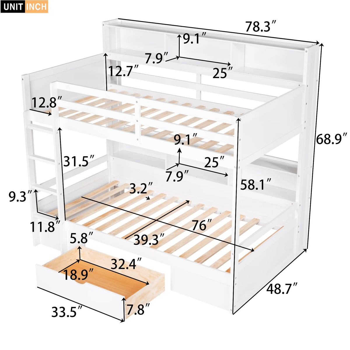 Twin Over Twin Wooden Bunk Bed with Shelves and Storage Drawer Q6340