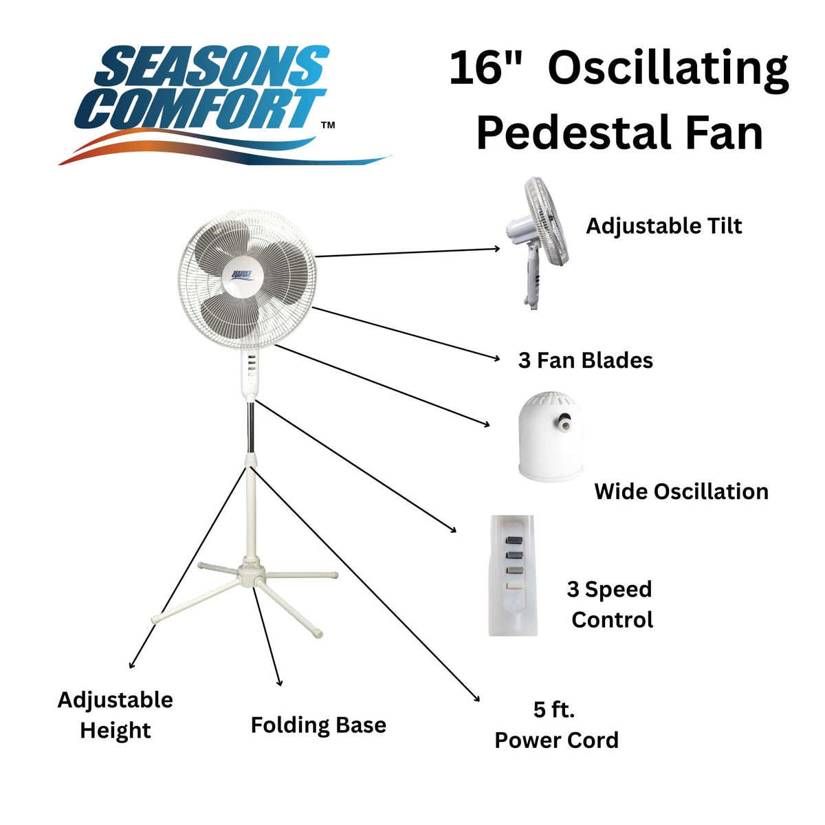 16 Inch Oscillating Pedestal Fan White 3 Speeds Adjustable Height Q82152