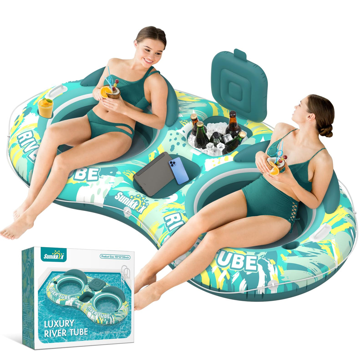 5-in-1 Pool Floats 2 Person River Tube with Backrests Built-in Cooler K1150