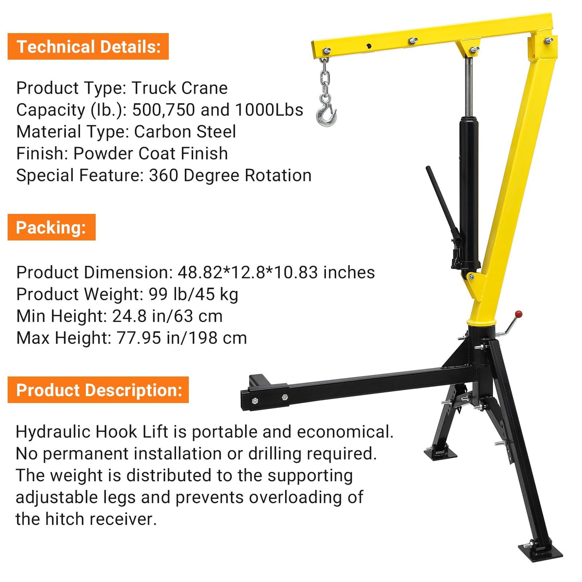Hydraulic Receiver Hitch Mounted Truck Crane 1000 lbs Capacity K165552