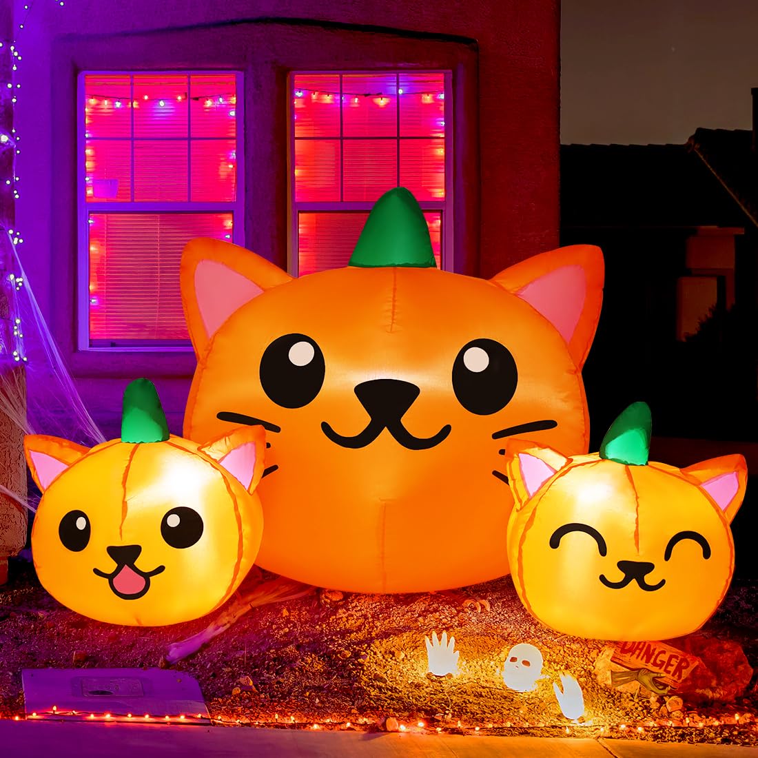 5FT Inflatable Three Pumpkin Cat Head with Built-in LEDs I409133