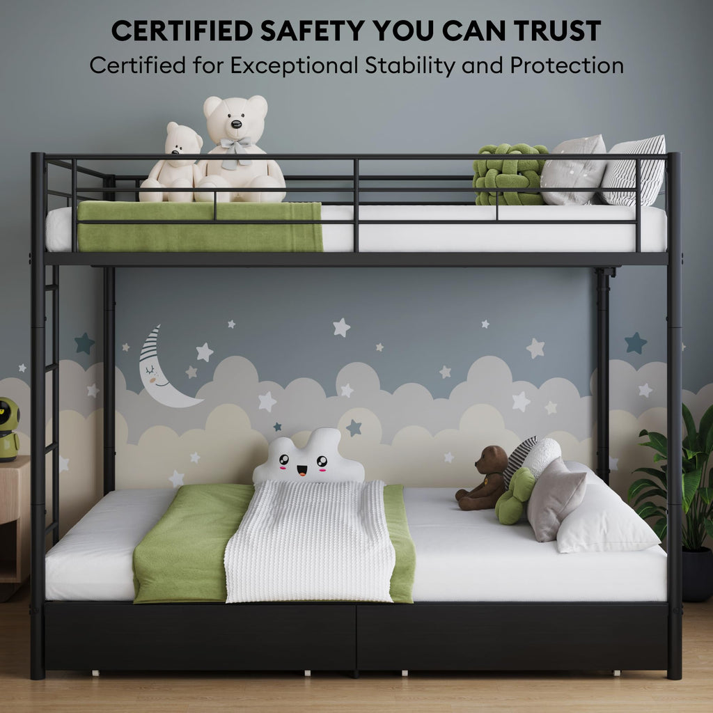Black Twin Over Twin Metal Bunk Bed with LED Lights, USB Charging Station, 2 Drawers, Guard Rails & Ladder Z61192