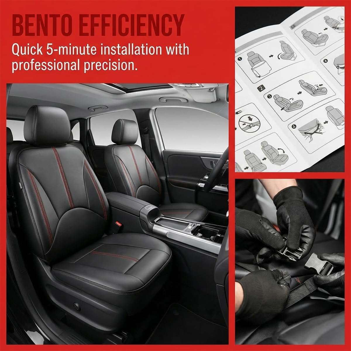 Black Red Leather Car Seat Cover Full Set E641