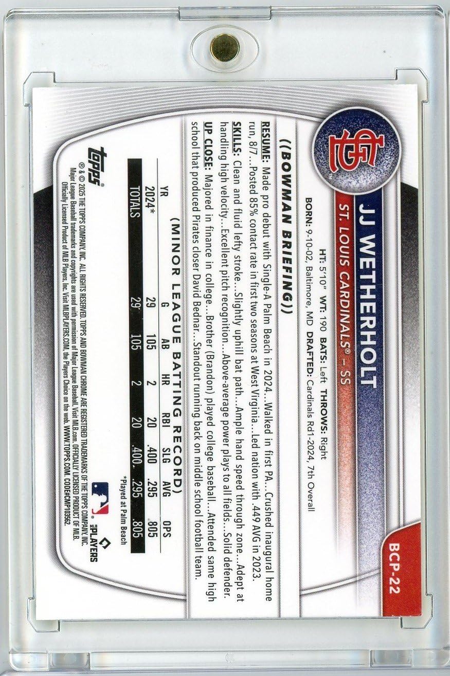 2025 Bowman Chrome JJ Wetherholt #BCP22 /75 Yellow Refractor Rookie Baseball Card E9028