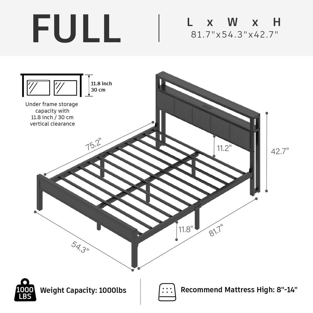 Light Grey Full Size Bed Frame with LED Lights and Charging Station G55174