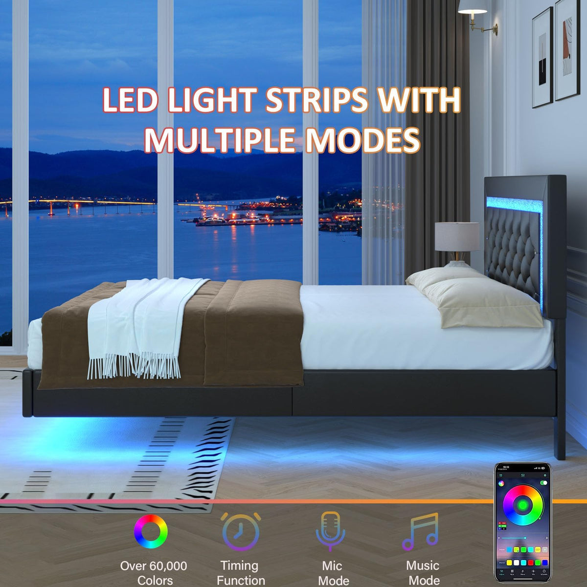 Black Full Floating Bed Frame with LED Lights and Tufted Headboard U23458