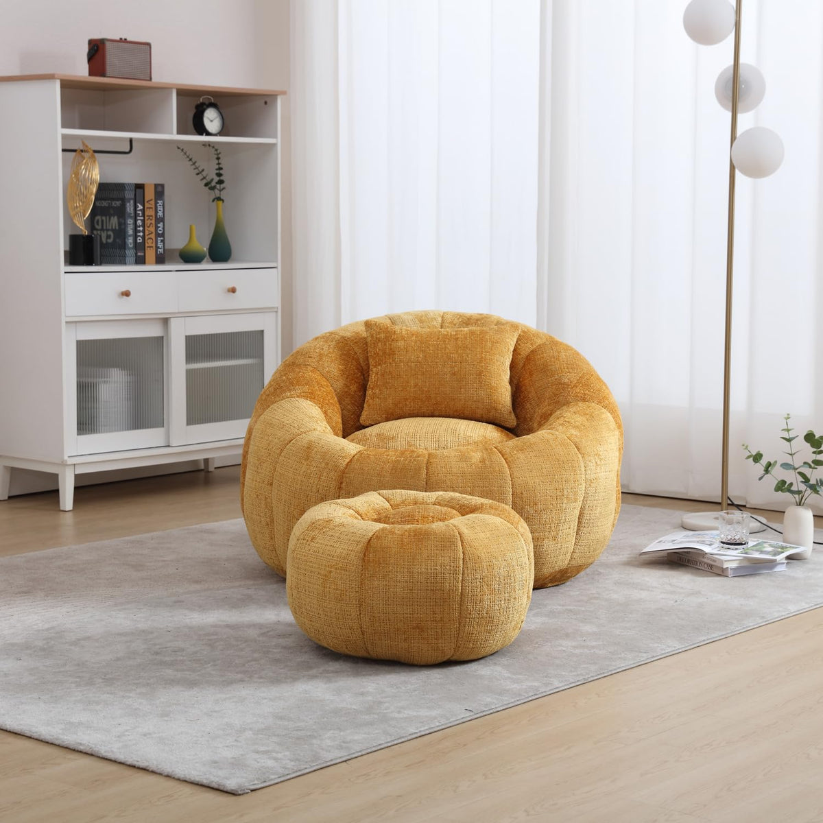 Yellow Chenille Bean Bag Chair with Ottoman and Pillow H34155