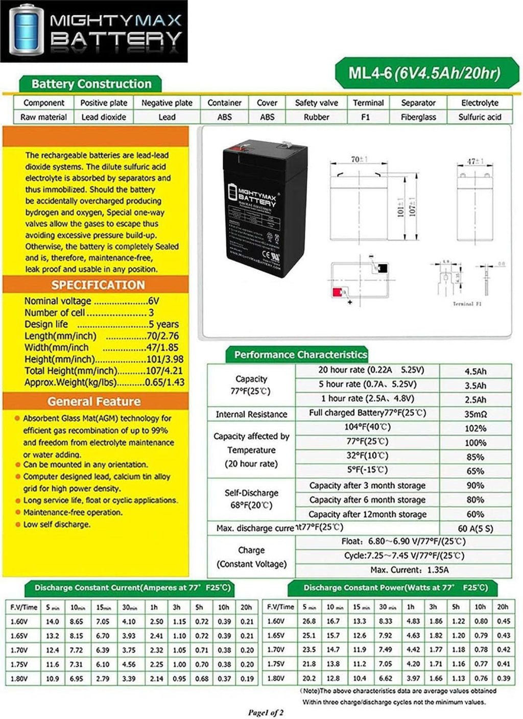 6V 4.5AH SLA Battery 2 Pack T70868