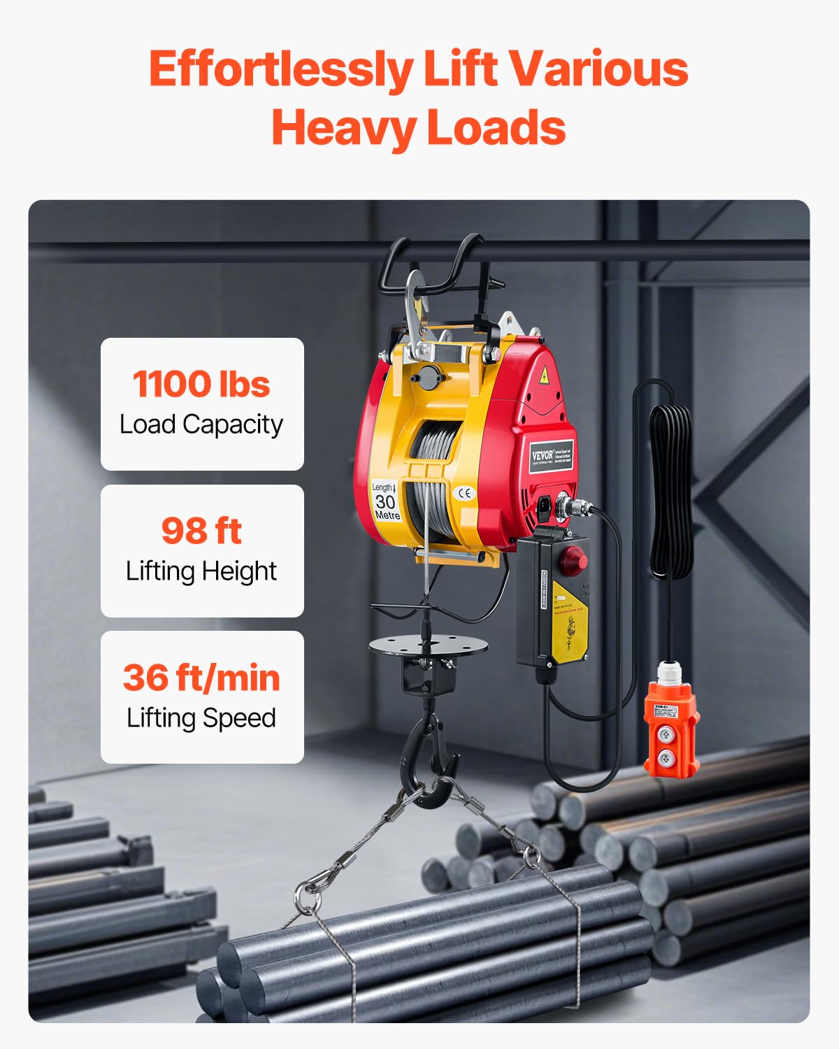 1100 lbs 1800W Portable Electric Hoist Winch with Wireless Remote Control F663665