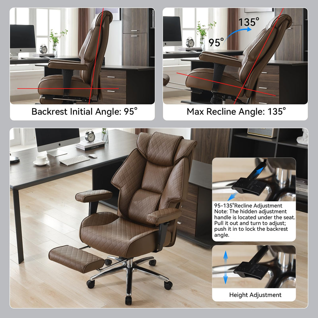 Big and Tall Office Chair with Footrest, PU Leather High Back Executive Chair 400lbs, Ergonomic Computer Chair Lumbar Support (Brown) U73488