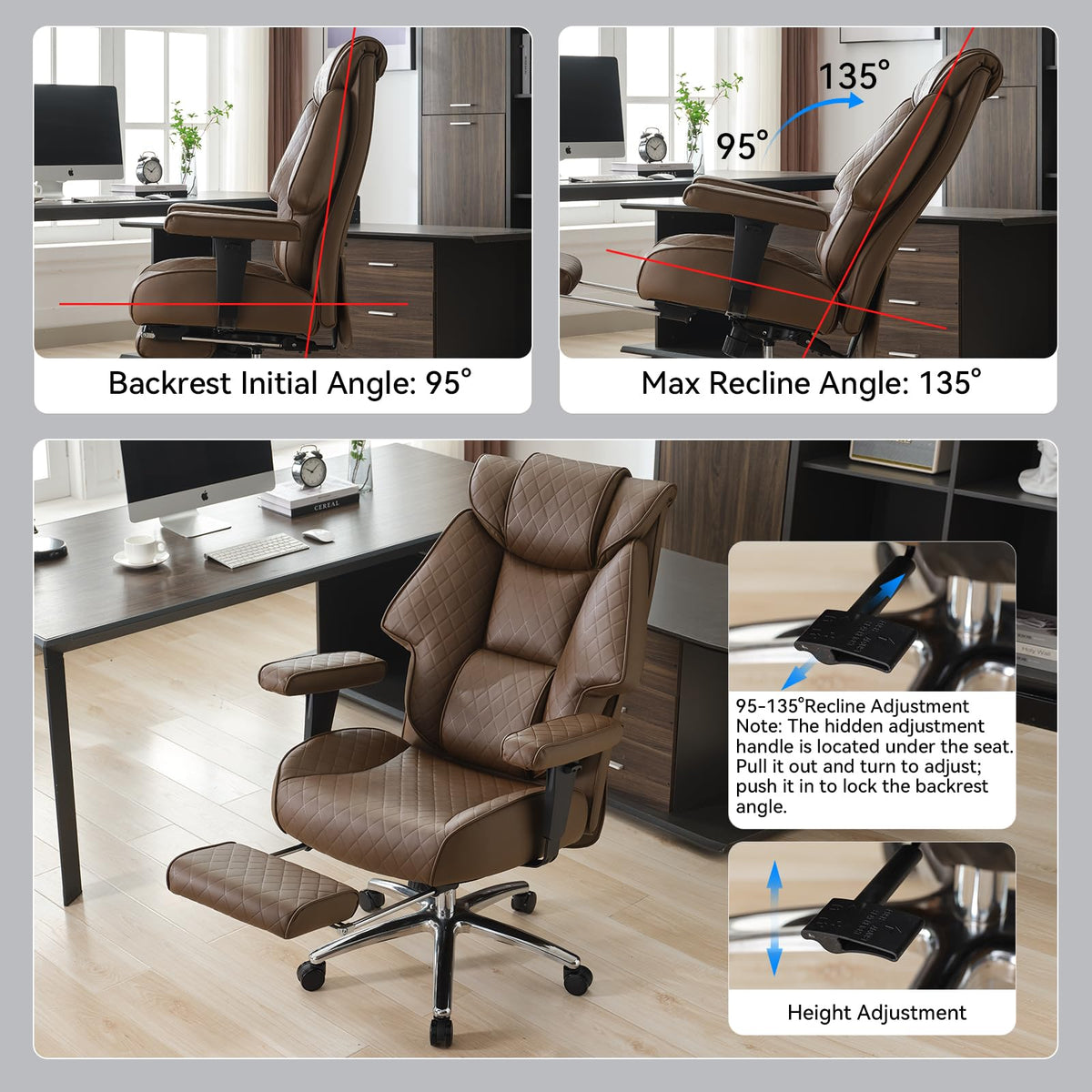 Big and Tall Office Chair with Footrest, PU Leather High Back Executive Chair 400lbs, Ergonomic Computer Chair Lumbar Support (Brown) U73488