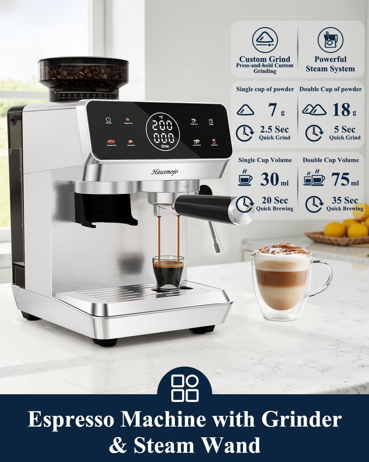 Espresso Machine with Burr Grinder and Steam Wand F2340