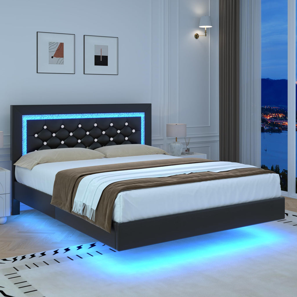Black Full Floating Bed Frame with LED Lights and Tufted Headboard U23458