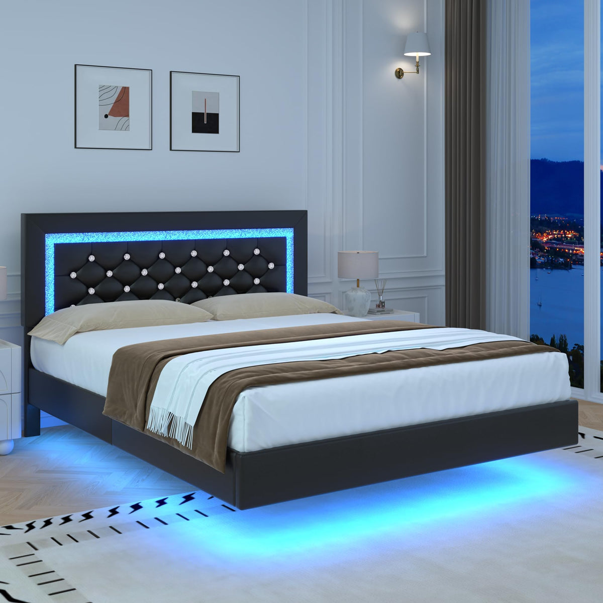 Black Full Floating Bed Frame with LED Lights and Tufted Headboard U23458