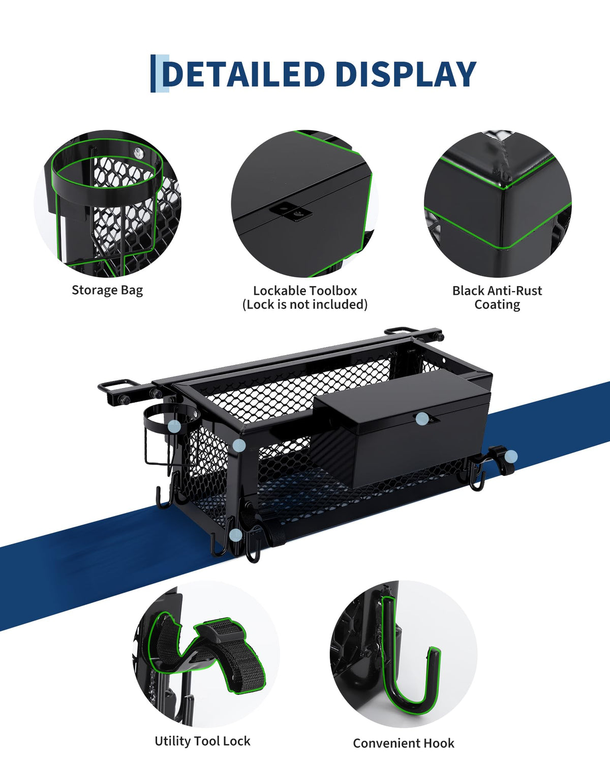 Heavy Duty Tractor Tool Box, 24x10x10 Inch Lockable Basket Attachment with Hooks and Ratchet Strap L269
