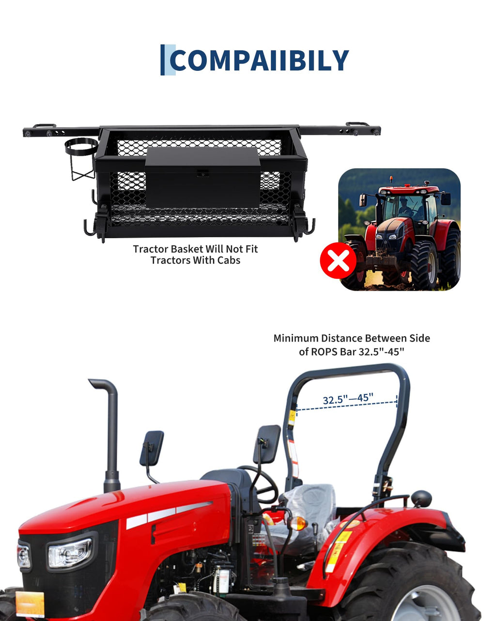 Heavy Duty Tractor Tool Box, 24x10x10 Inch Lockable Basket Attachment with Hooks and Ratchet Strap L269