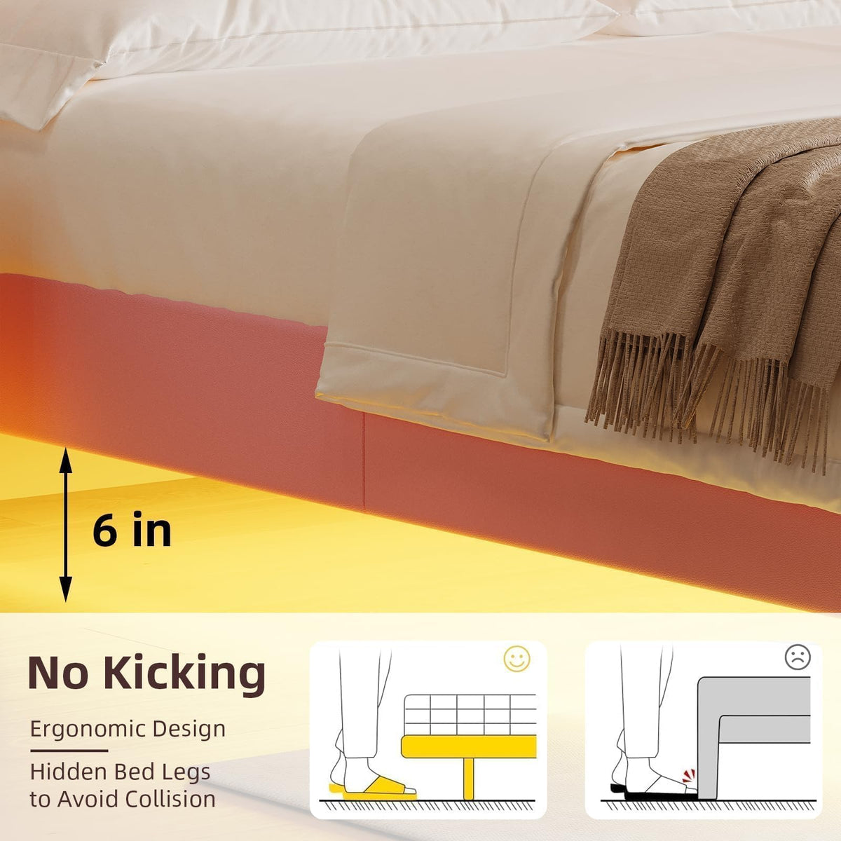 Pink Full Floating Bed Frame with LED Lights and Diamond Headboard I12415
