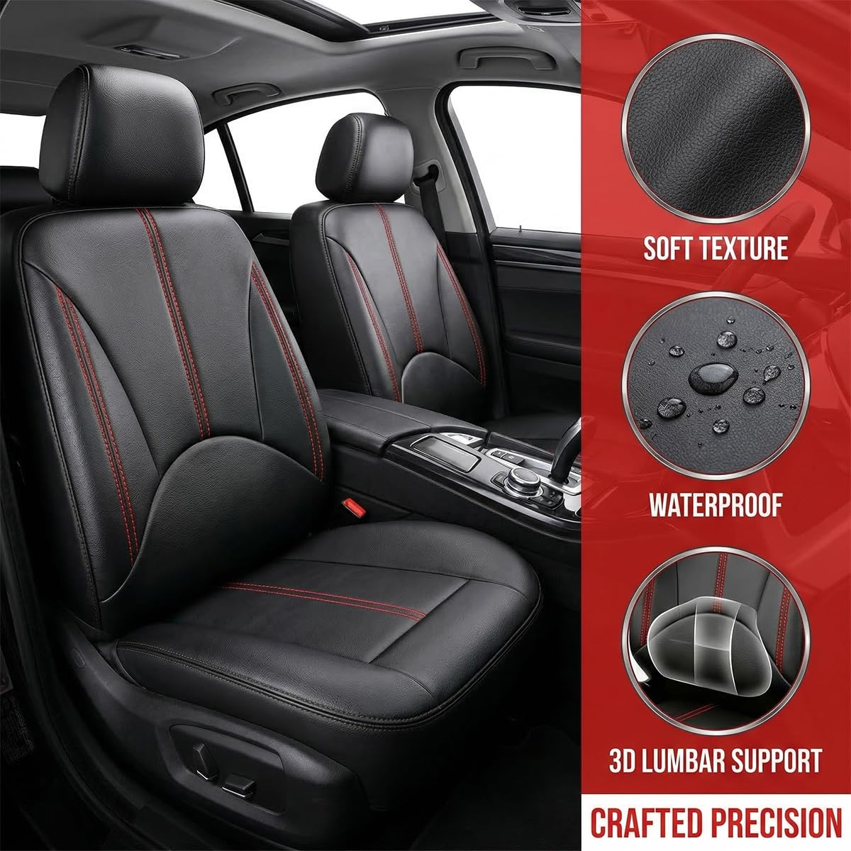 Black Red Leather Car Seat Cover Full Set E641