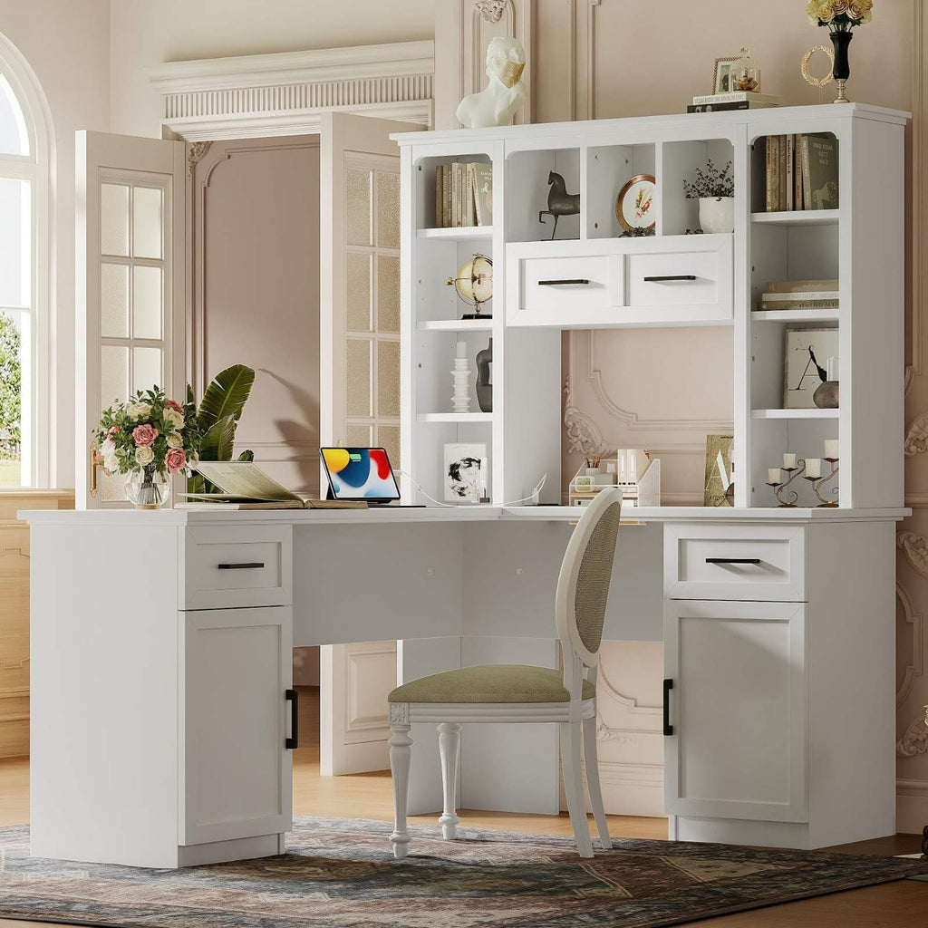 White L-Shaped Computer Desk with Hutch and Storage P169