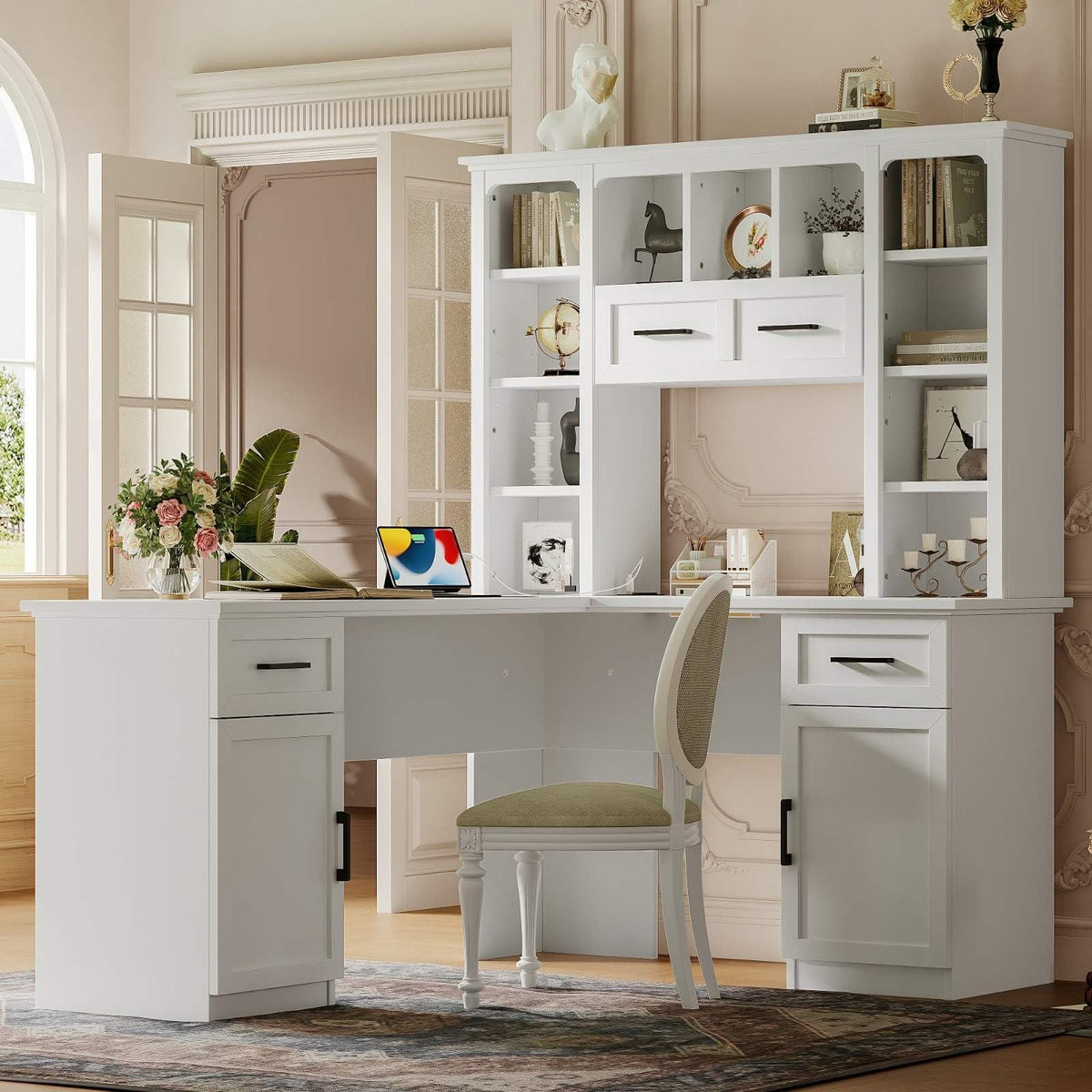 White L-Shaped Computer Desk with Hutch and Storage P169