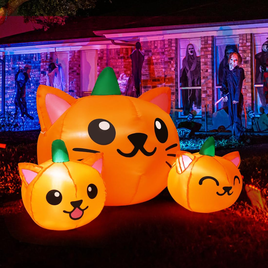 5FT Inflatable Three Pumpkin Cat Head with Built-in LEDs I409133
