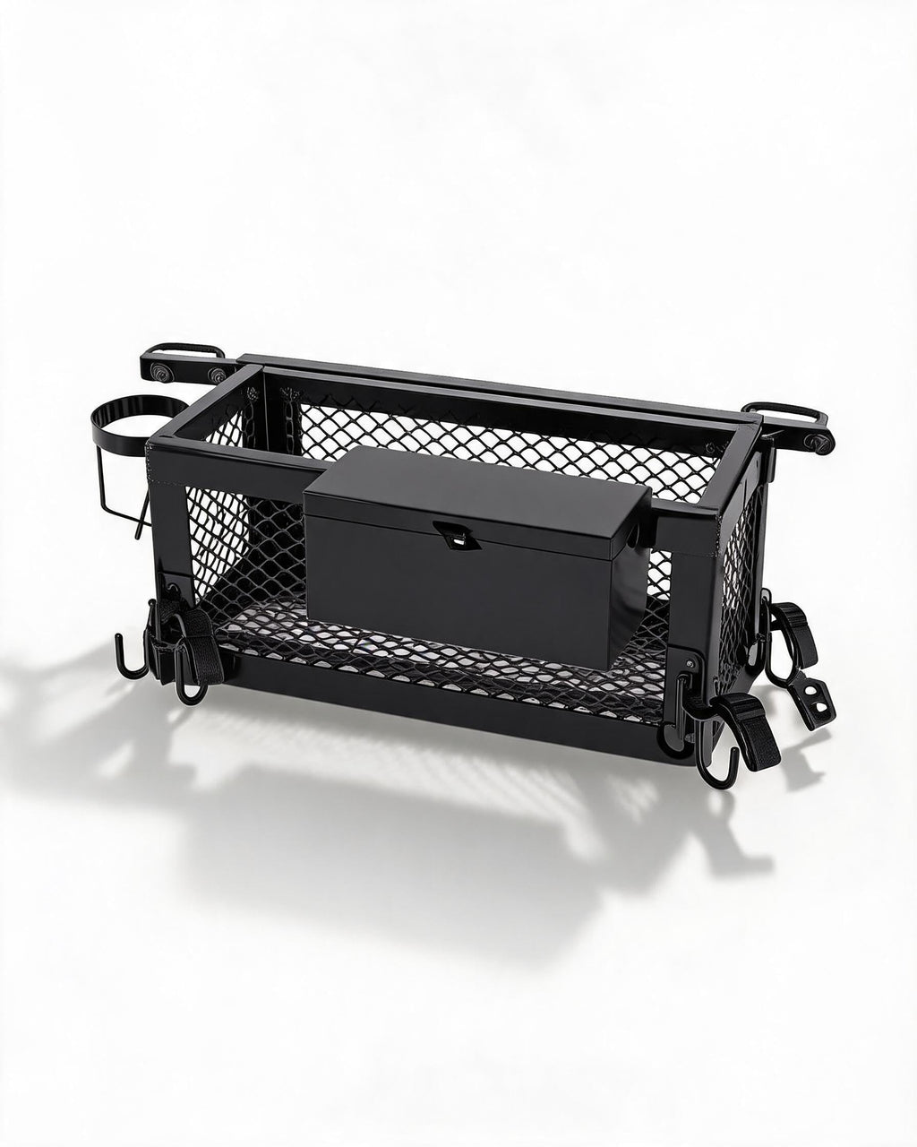 Heavy Duty Tractor Tool Box, 24x10x10 Inch Lockable Basket Attachment with Hooks and Ratchet Strap L269