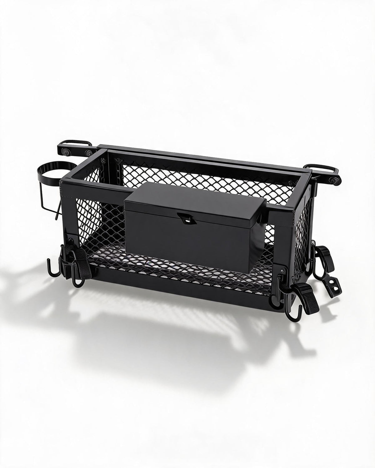 Heavy Duty Tractor Tool Box, 24x10x10 Inch Lockable Basket Attachment with Hooks and Ratchet Strap L269
