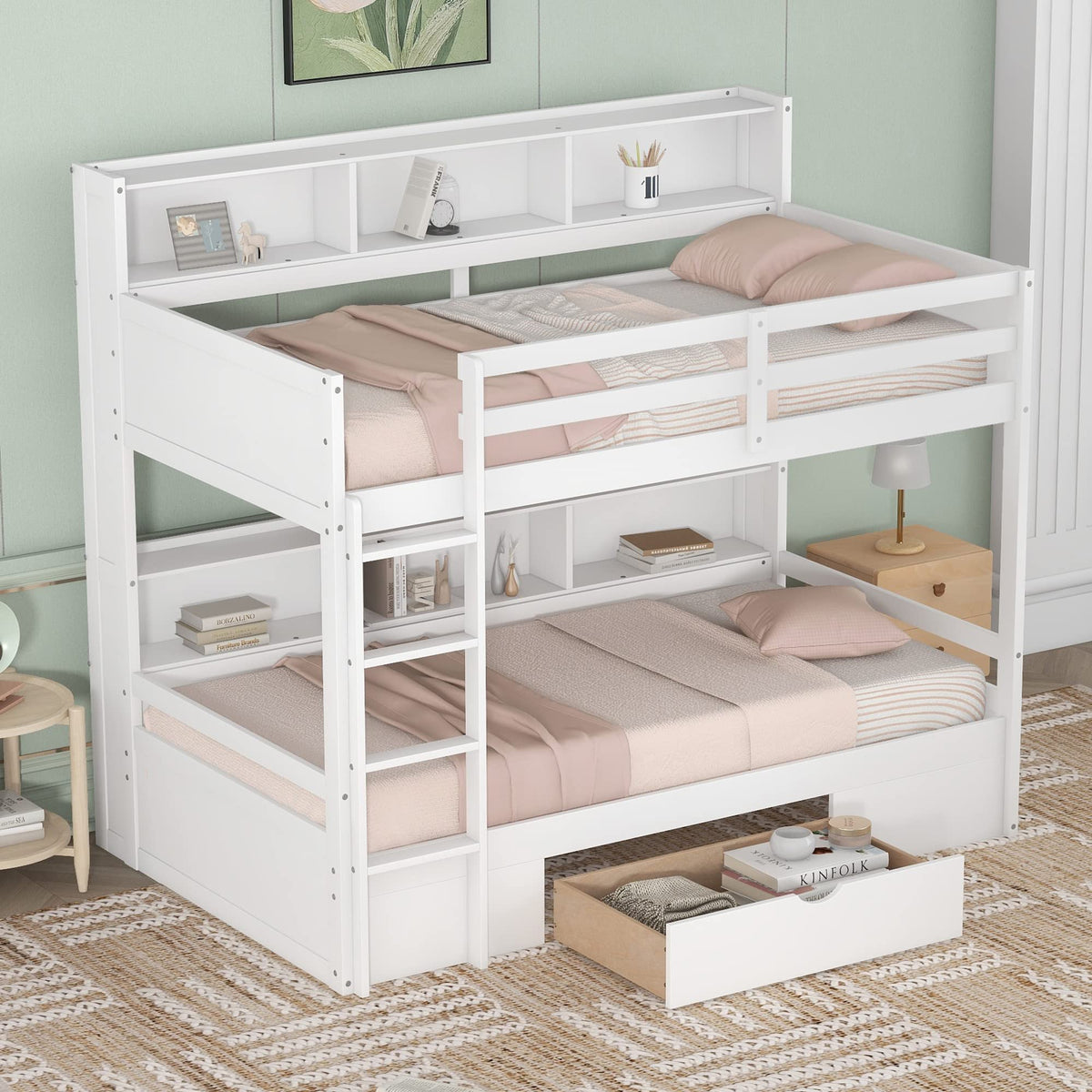 Twin Over Twin Wooden Bunk Bed with Shelves and Storage Drawer Q6340