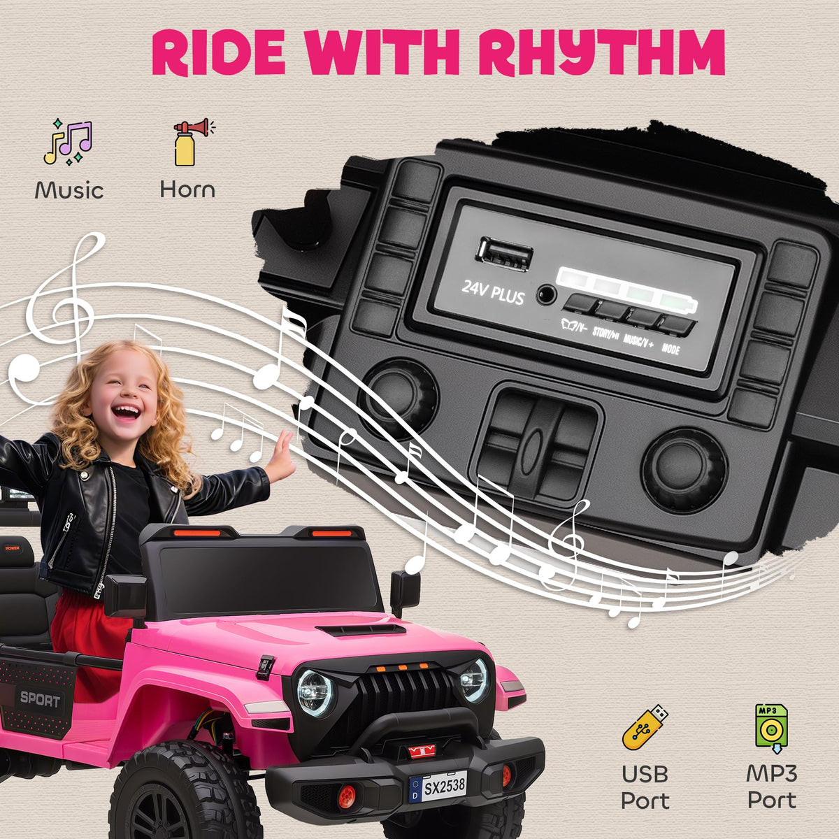 24V 2-Seater Kids Ride on Truck Car Pink O370