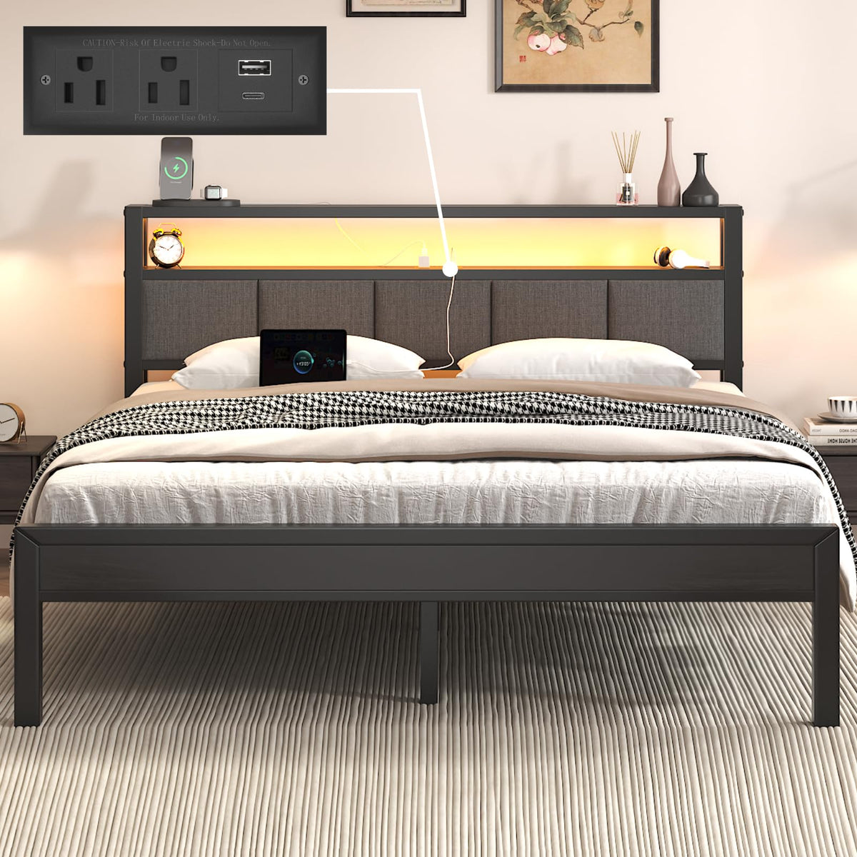 Light Grey Full Size Bed Frame with LED Lights and Charging Station G55174