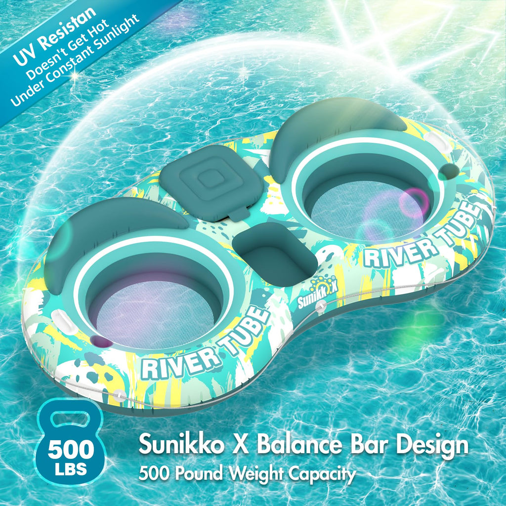 5-in-1 Pool Floats 2 Person River Tube with Backrests Built-in Cooler K1150