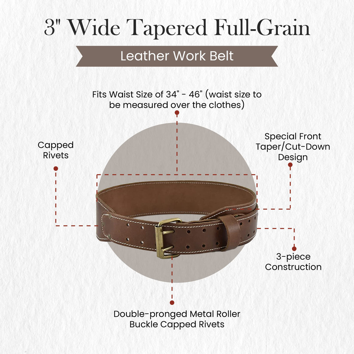3" Wide Tapered Full-Grain Leather Work Belt F49023